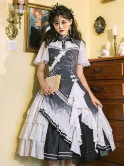 Chinese Style Lolita SK Light Gray Ruffles Polyester Lolita Skirt