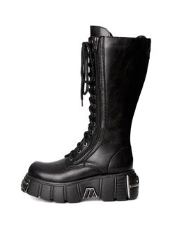 Steampunk Gothic Boots Black Lace Up Metallic Round Toe PU Leather Lolita Footwear