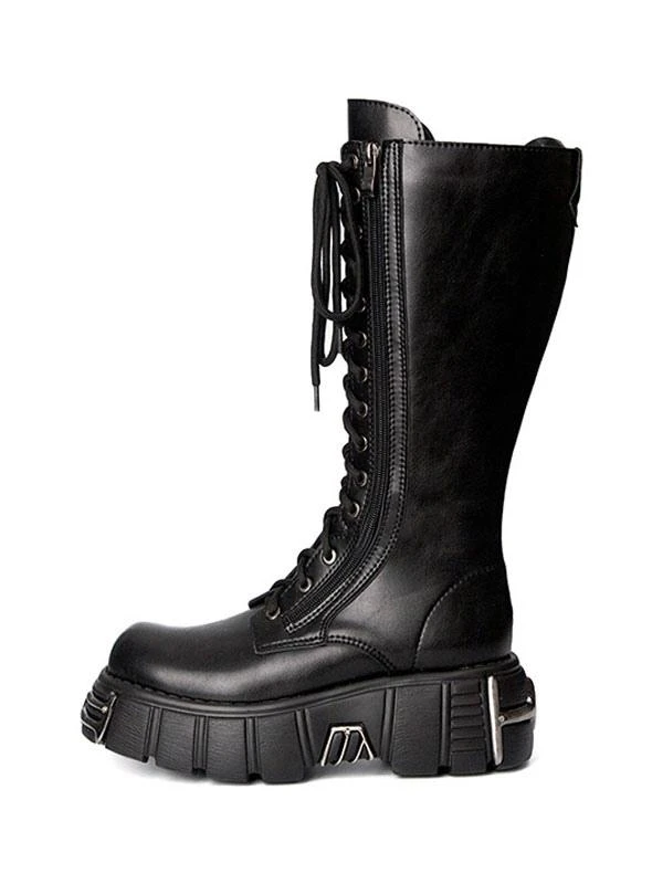 Steampunk Gothic Boots Black Lace Up Metallic Round Toe PU Leather Lolita Footwear