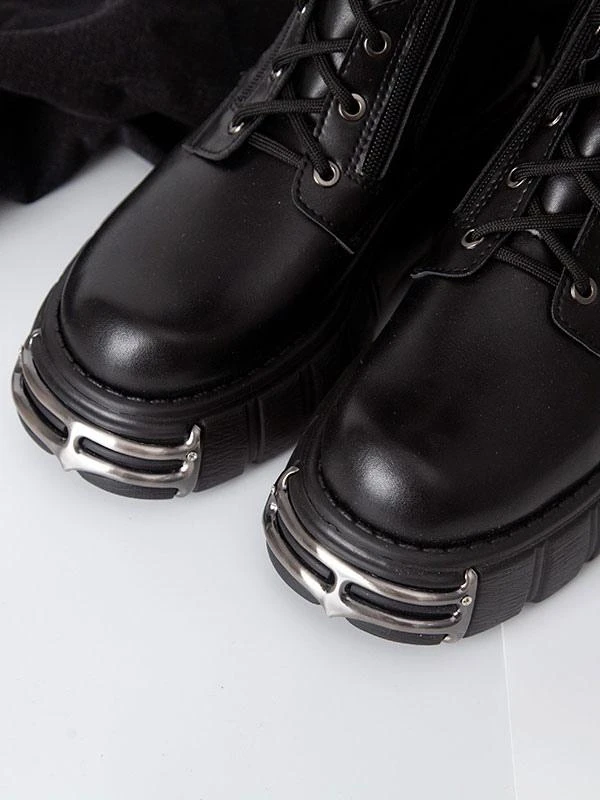 Steampunk Gothic Boots Black Lace Up Metallic Round Toe PU Leather Lolita Footwear - Image 3