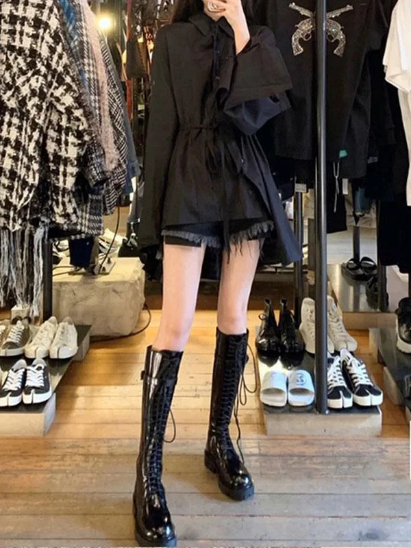 Steampunk Gothic Boots PU Leather Metallic Lace Up Round Toe Black Lolita Footwear - Image 4