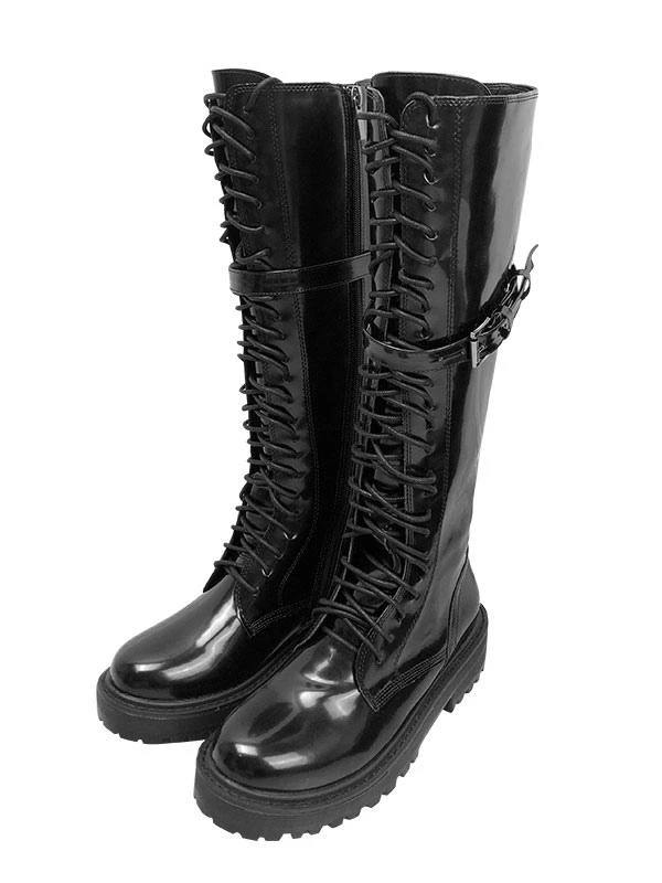 Steampunk Gothic Boots PU Leather Metallic Lace Up Round Toe Black Lolita Footwear - Image 2