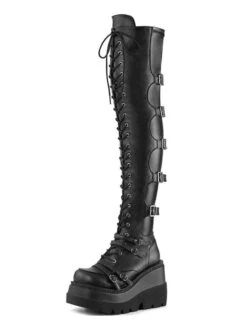 Gothic Lolita Boots PU Leather Metallic Grommets Lace Up Round Toe Black Knee High Lolita Footwear