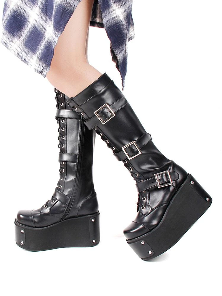 Steampunk Gothic Boots PU Leather Round Toe Wedge Heel Black Lolita Footwear - Image 2