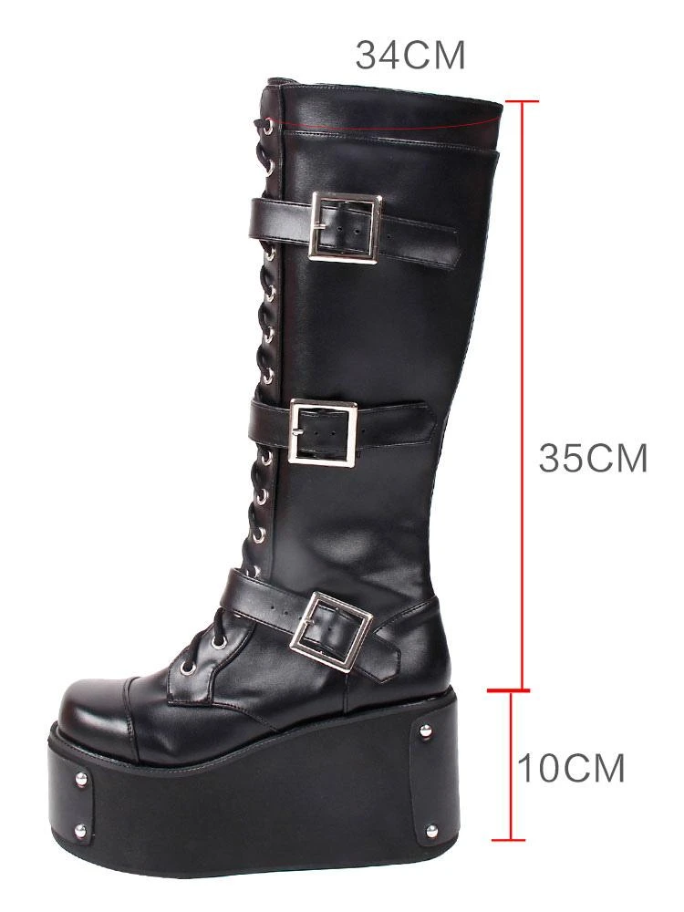 Steampunk Gothic Boots PU Leather Round Toe Wedge Heel Black Lolita Footwear - Image 6