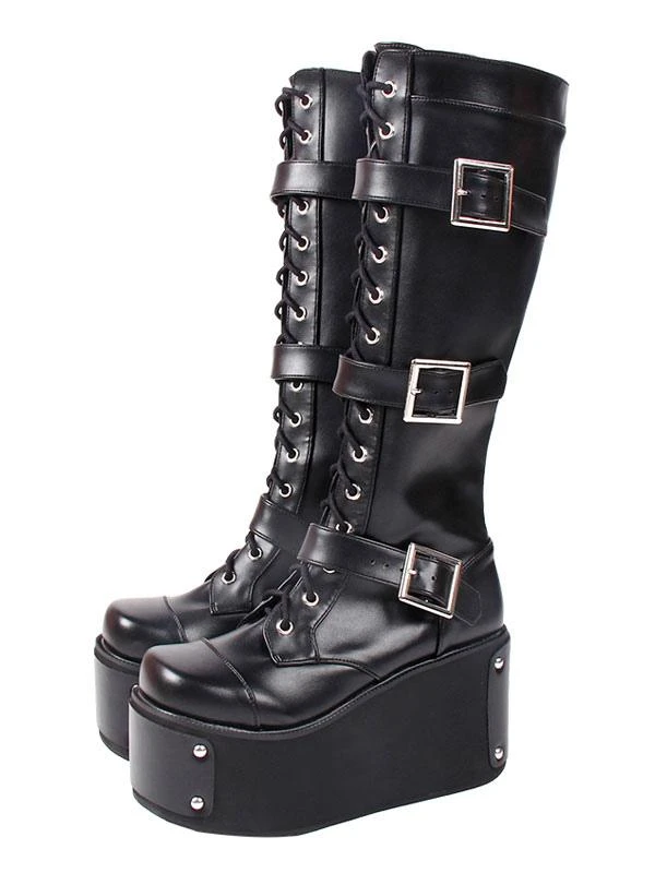 Steampunk Gothic Boots PU Leather Round Toe Wedge Heel Black Lolita Footwear