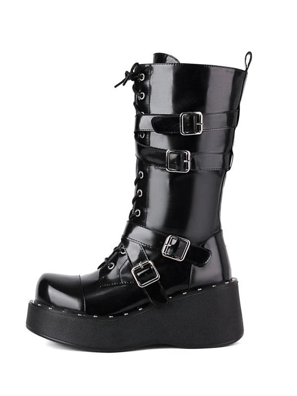 Lolita Boots Round Toe PU Leather Lace Up Black Lolita Footwear - Image 2