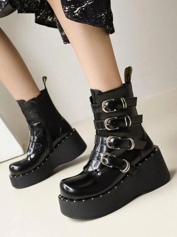 Lolita Boots Round Toe Zipper PU Leather Black Lolita Footwear - Image 3
