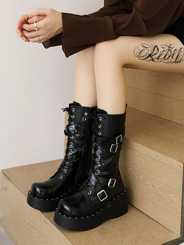 Lolita Boots Round Toe PU Leather Lace Up Black Lolita Footwear - Image 3