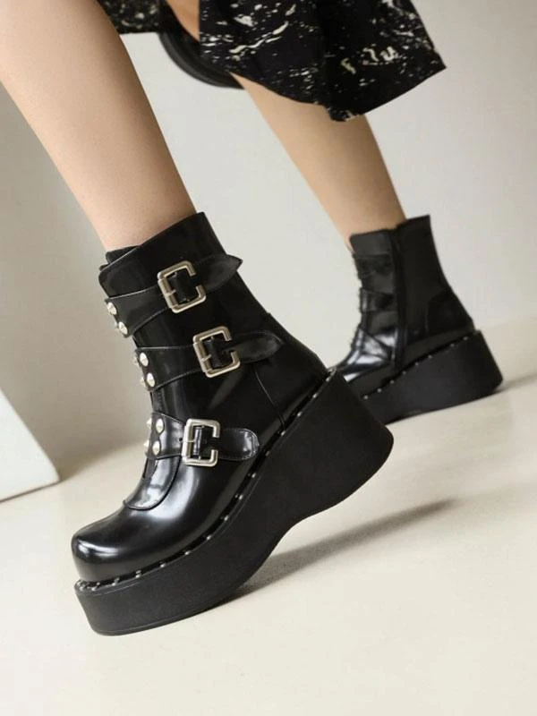 Lolita Ankle Boots Round Toe PU Leather Black Lolita Footwear - Image 4