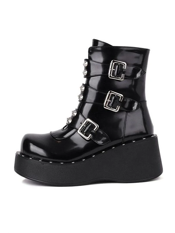 Lolita Ankle Boots Round Toe PU Leather Black Lolita Footwear - Image 2