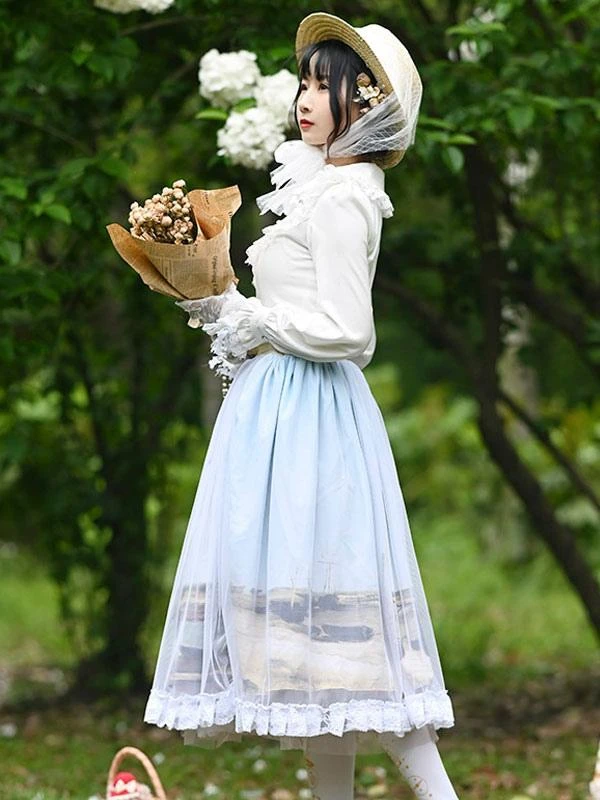 Sweet Lolita Overskirt Lace Light Sky Blue Tea Party Daily Casual Lolita Skirts - Image 3