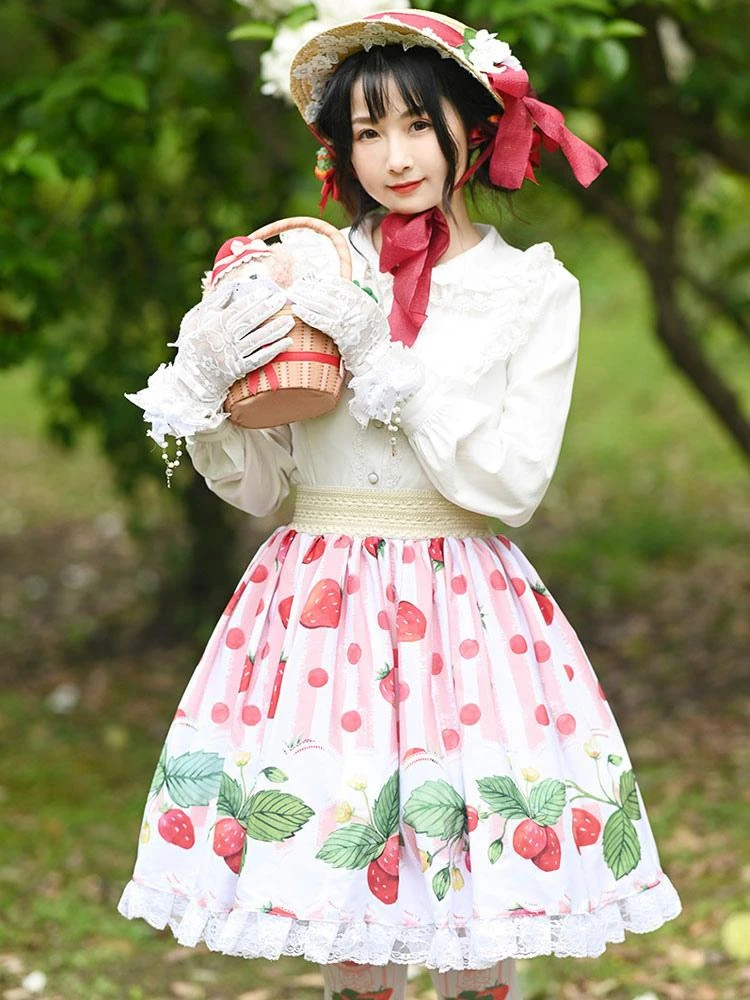Sweet Lolita Overskirt Fruit Pattern Pink Lace Daily Casual Tea Party Lolita Skirts