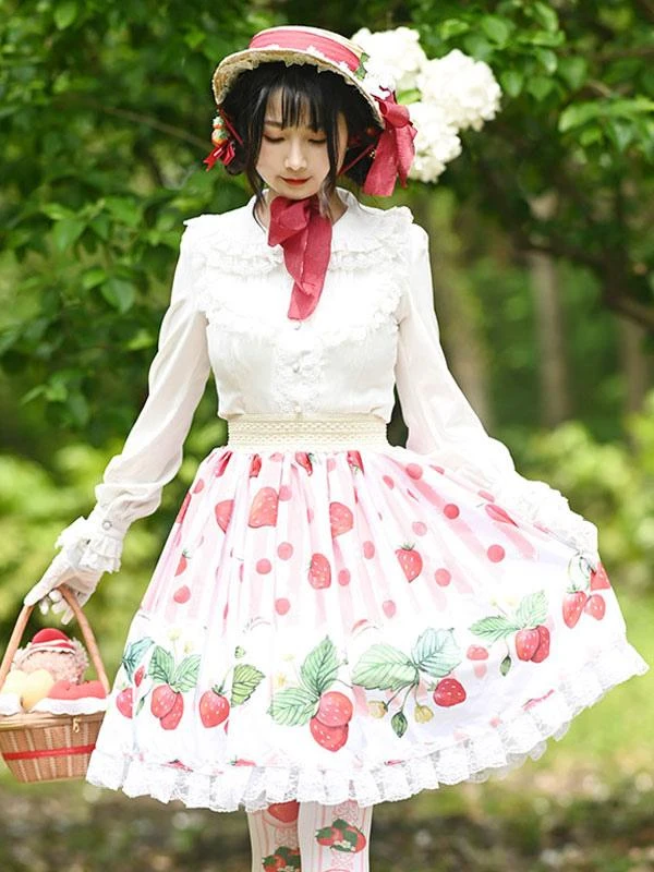 Sweet Lolita Overskirt Fruit Pattern Pink Lace Daily Casual Tea Party Lolita Skirts - Image 3