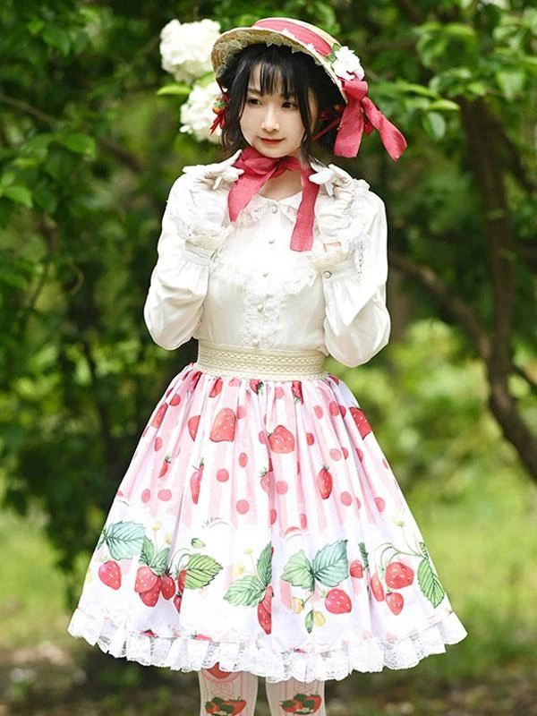 Sweet Lolita Overskirt Fruit Pattern Pink Lace Daily Casual Tea Party Lolita Skirts - Image 2