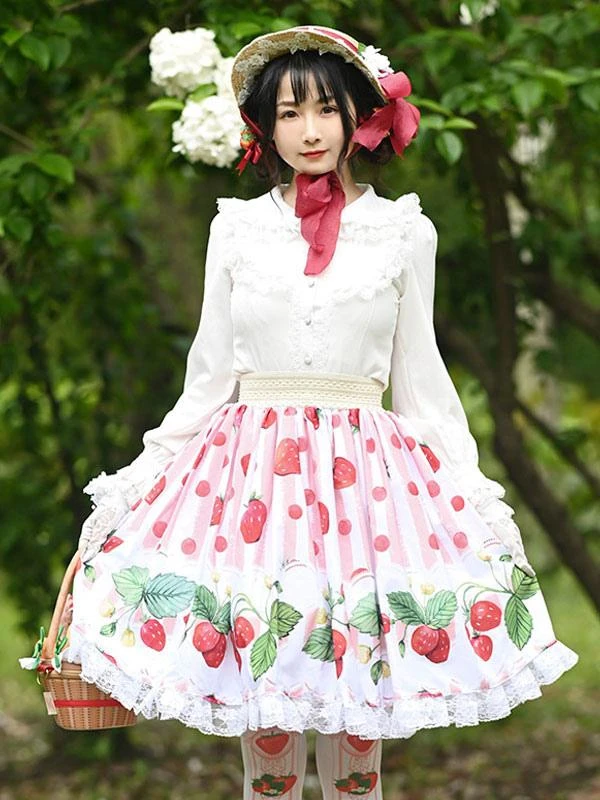Sweet Lolita Overskirt Fruit Pattern Pink Lace Daily Casual Tea Party Lolita Skirts - Image 5