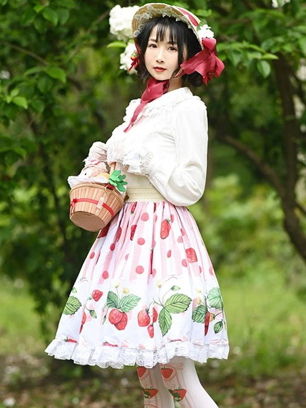 Sweet Lolita Overskirt Fruit Pattern Pink Lace Daily Casual Tea Party Lolita Skirts - Image 4