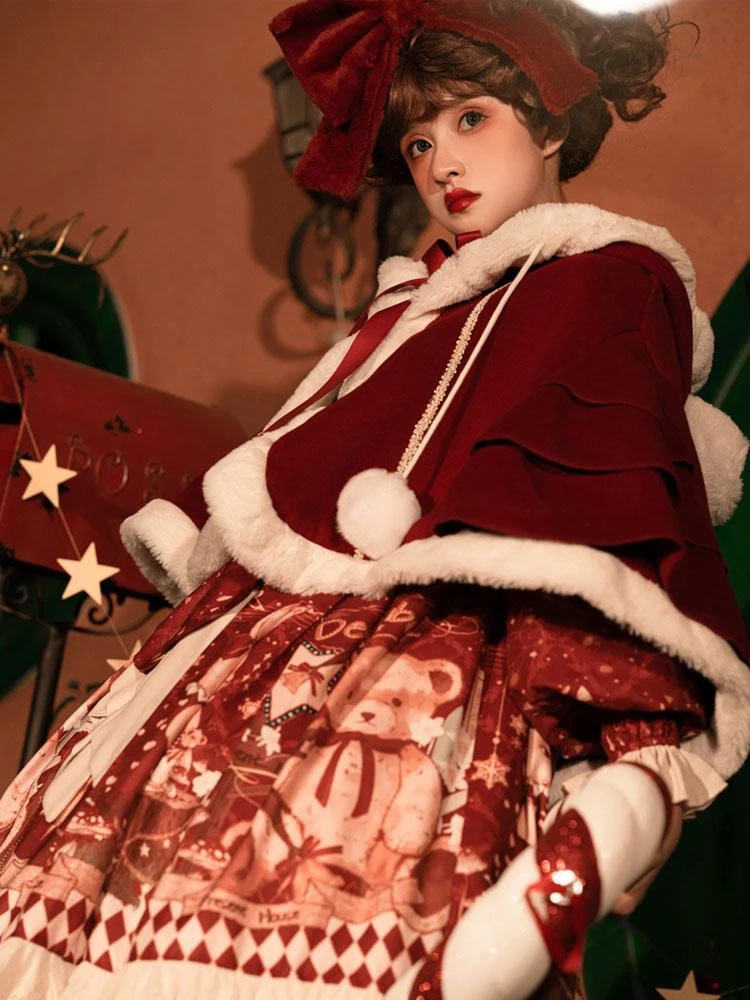 Burgundy Lolita Coats Poncho Pom Poms Color Block Cloak Polyester Sweet Lolita Outwears - Image 2