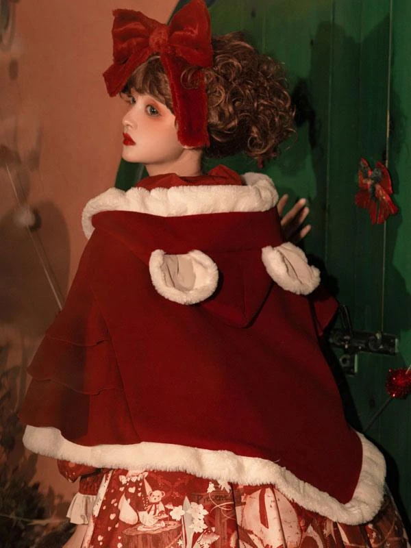 Burgundy Lolita Coats Poncho Pom Poms Color Block Cloak Polyester Sweet Lolita Outwears - Image 3