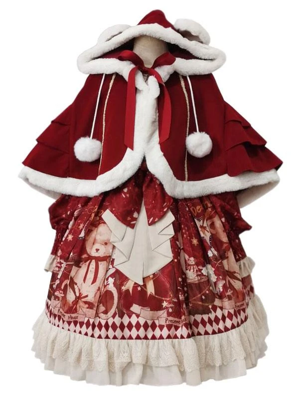 Burgundy Lolita Coats Poncho Pom Poms Color Block Cloak Polyester Sweet Lolita Outwears - Image 5