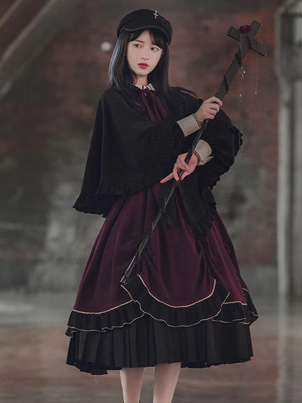 Black Lolita Poncho Polyester Embroidered Color Block Winter Lolita Outwears - Image 2