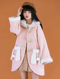 Pink Lolita Coats Lace Pom Poms Polyester Overcoat Color Block Winter Lolita Outwears