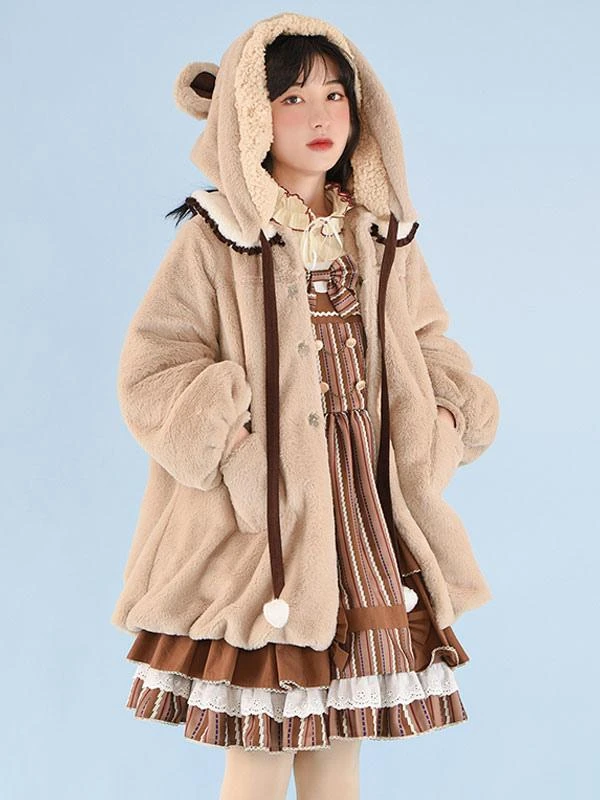 Coffee Brown Lolita Coat Pom Poms Color Block Overcoat Polyester Fall Sweet Lolita Outwears - Image 4