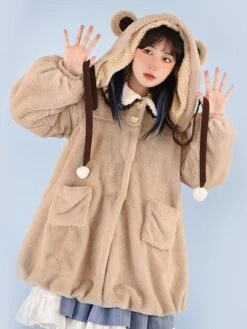 Coffee Brown Lolita Coat Pom Poms Color Block Overcoat Polyester Fall Sweet Lolita Outwears
