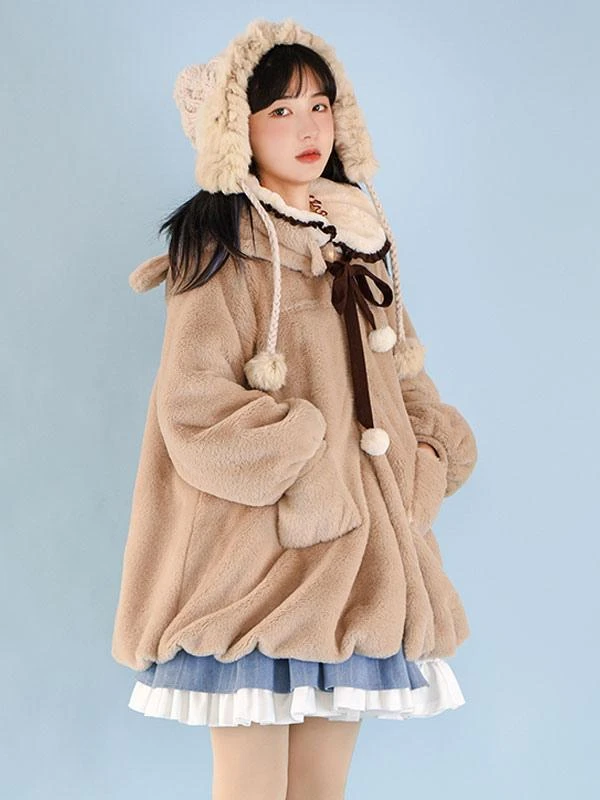 Coffee Brown Lolita Coat Pom Poms Color Block Overcoat Polyester Fall Sweet Lolita Outwears - Image 2