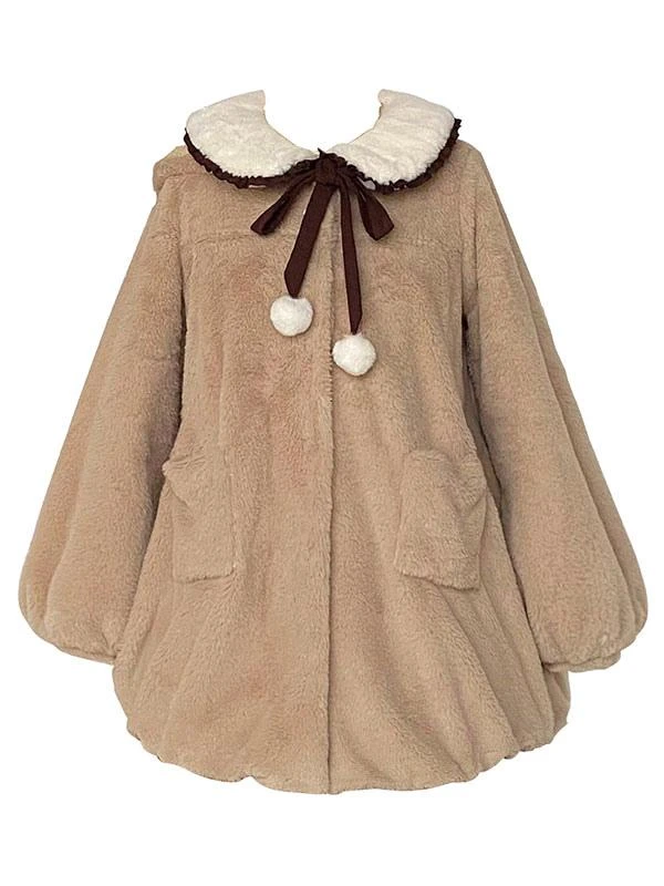 Coffee Brown Lolita Coat Pom Poms Color Block Overcoat Polyester Fall Sweet Lolita Outwears - Image 5
