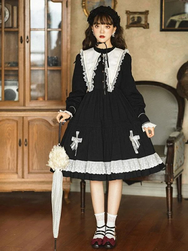 Gothic Lolita OP Dress Long Sleeve Bows Floral Print Pattern Cotton Black Lolita One Piece Dress - Image 5