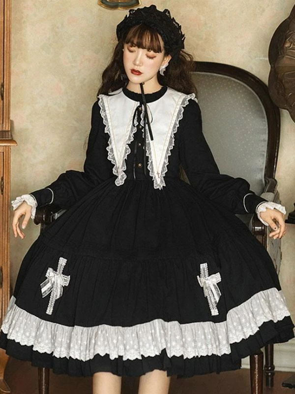 Gothic Lolita OP Dress Long Sleeve Bows Floral Print Pattern Cotton Black Lolita One Piece Dress - Image 3