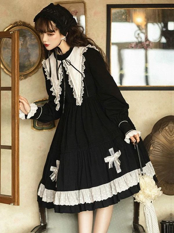 Gothic Lolita OP Dress Long Sleeve Bows Floral Print Pattern Cotton Black Lolita One Piece Dress - Image 4