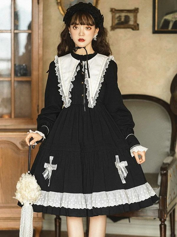 Gothic Lolita OP Dress Long Sleeve Bows Floral Print Pattern Cotton Black Lolita One Piece Dress