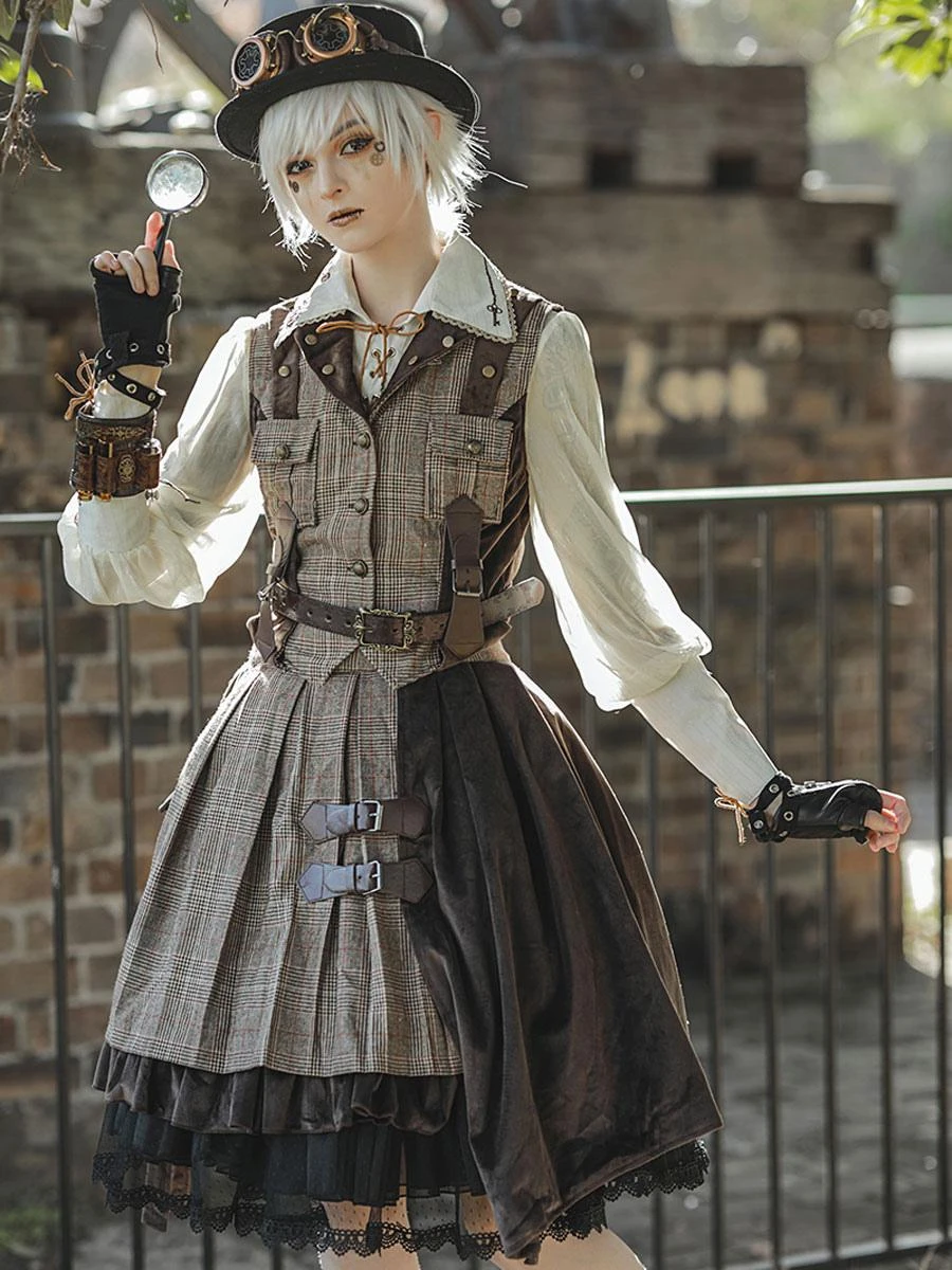 Steampunk Lolita SK 2-Piece Set Infanta Coffee Brown Metal Details Cotton Blend Velour Lolita Overskirt Outfits - Image 2