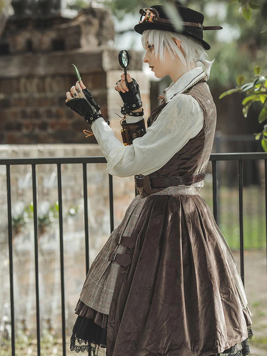 Steampunk Lolita SK 2-Piece Set Infanta Coffee Brown Metal Details Cotton Blend Velour Lolita Overskirt Outfits - Image 8