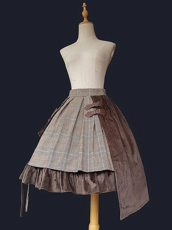 Steampunk Lolita SK 2-Piece Set Infanta Coffee Brown Metal Details Cotton Blend Velour Lolita Overskirt Outfits - Image 4