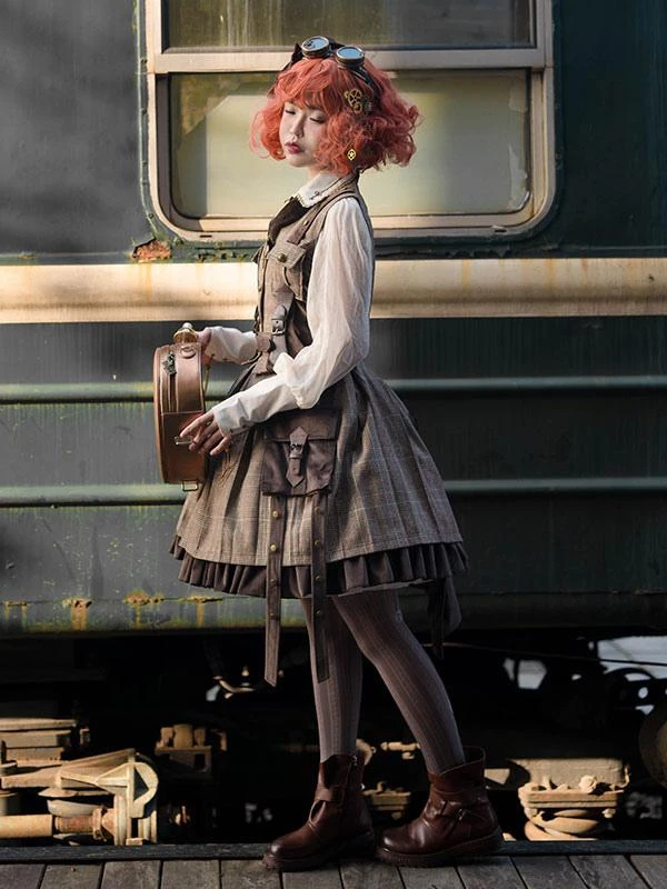 Steampunk Lolita SK 2-Piece Set Infanta Coffee Brown Metal Details Cotton Blend Velour Lolita Overskirt Outfits - Image 7