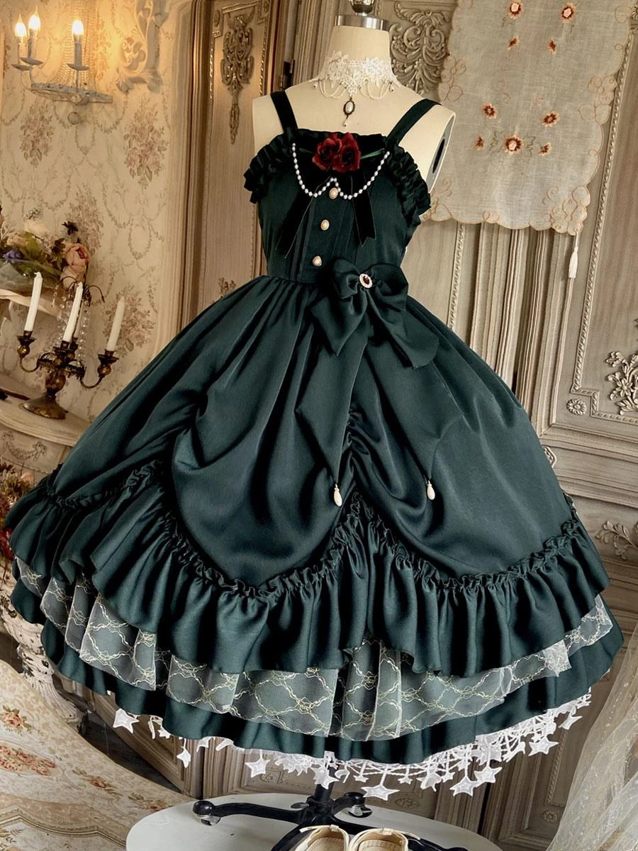 Classical Lolita JSK Dress Ink Green Ruffles Bows Sleeveless Polyester Lolita Jumper Skirt - Image 2