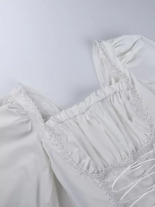 Women Midi Dress Black Square Neck Long Sleeves Lace Pleated Polyester Gothic Dress - Image 6