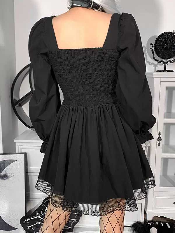 Women Midi Dress Black Square Neck Long Sleeves Lace Pleated Polyester Gothic Dress - Image 2