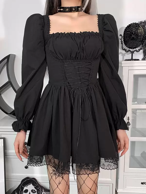 Women Midi Dress Black Square Neck Long Sleeves Lace Pleated Polyester Gothic Dress