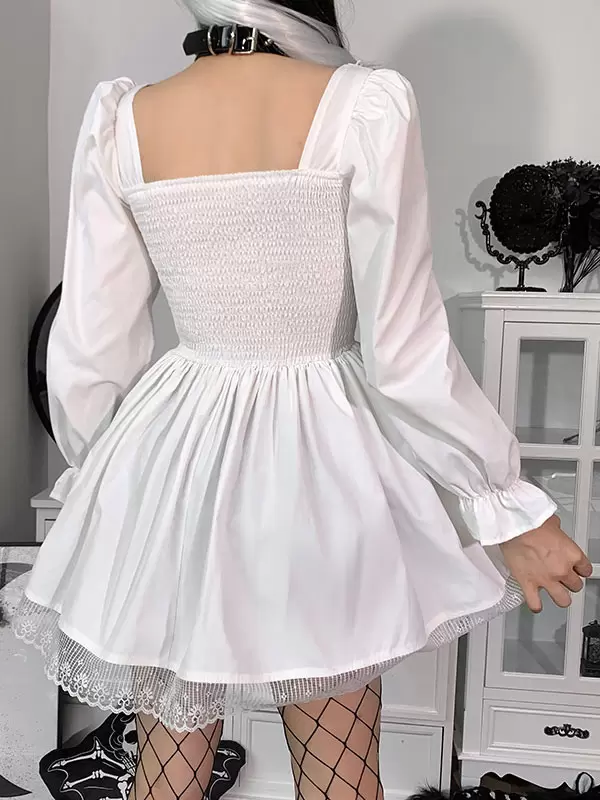 Women Midi Dress Black Square Neck Long Sleeves Lace Pleated Polyester Gothic Dress - Image 4