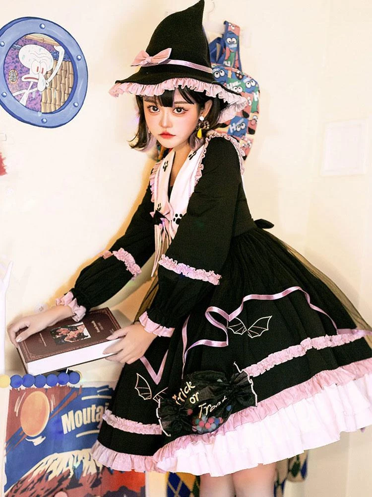Gothic Lolita OP Dress Color Block Long Sleeves Ruffles Pleated Lace Up Black Lolita One Piece Dress - Image 2