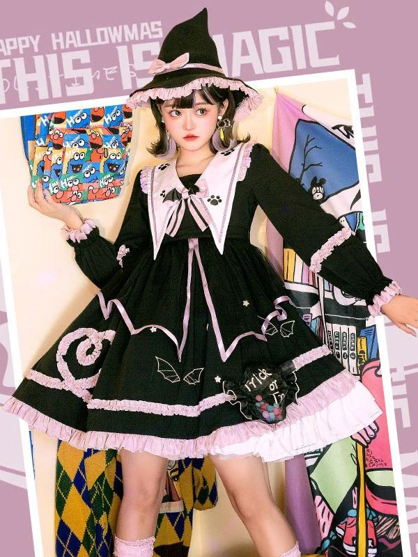Gothic Lolita OP Dress Color Block Long Sleeves Ruffles Pleated Lace Up Black Lolita One Piece Dress - Image 3