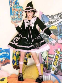 Gothic Lolita OP Dress Color Block Long Sleeves Ruffles Pleated Lace Up Black Lolita One Piece Dress