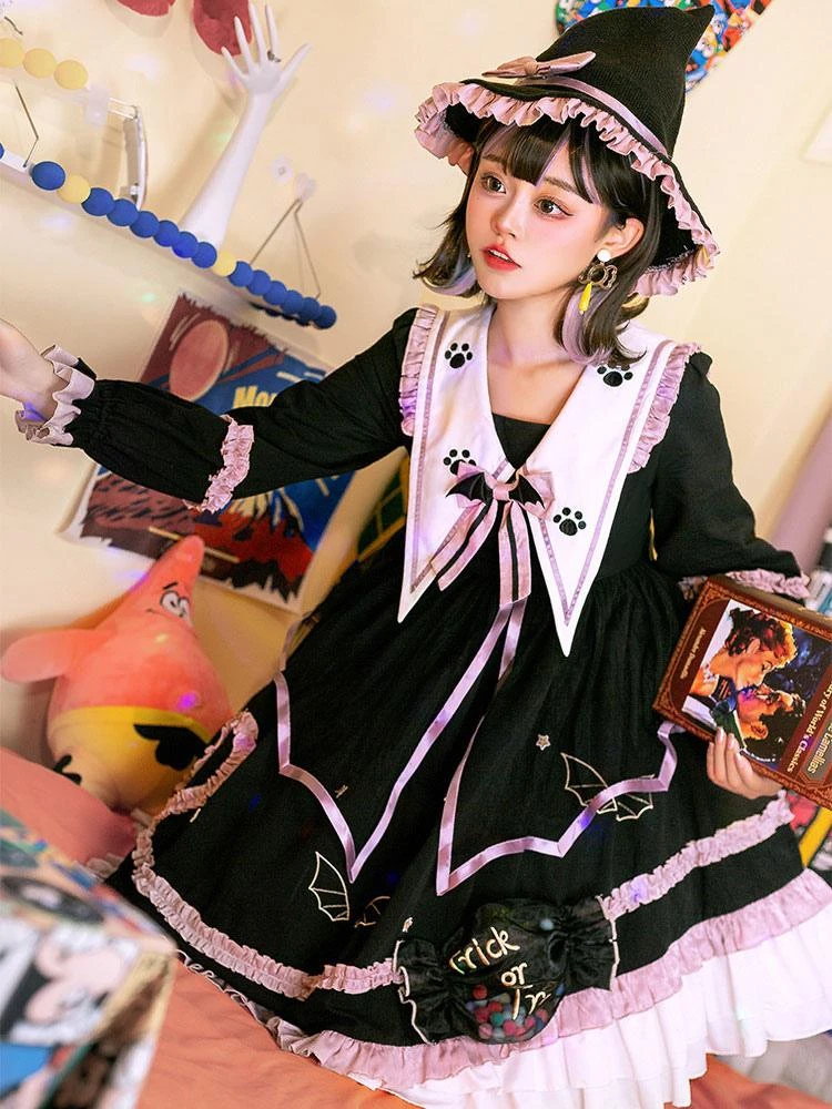 Gothic Lolita OP Dress Color Block Long Sleeves Ruffles Pleated Lace Up Black Lolita One Piece Dress - Image 9