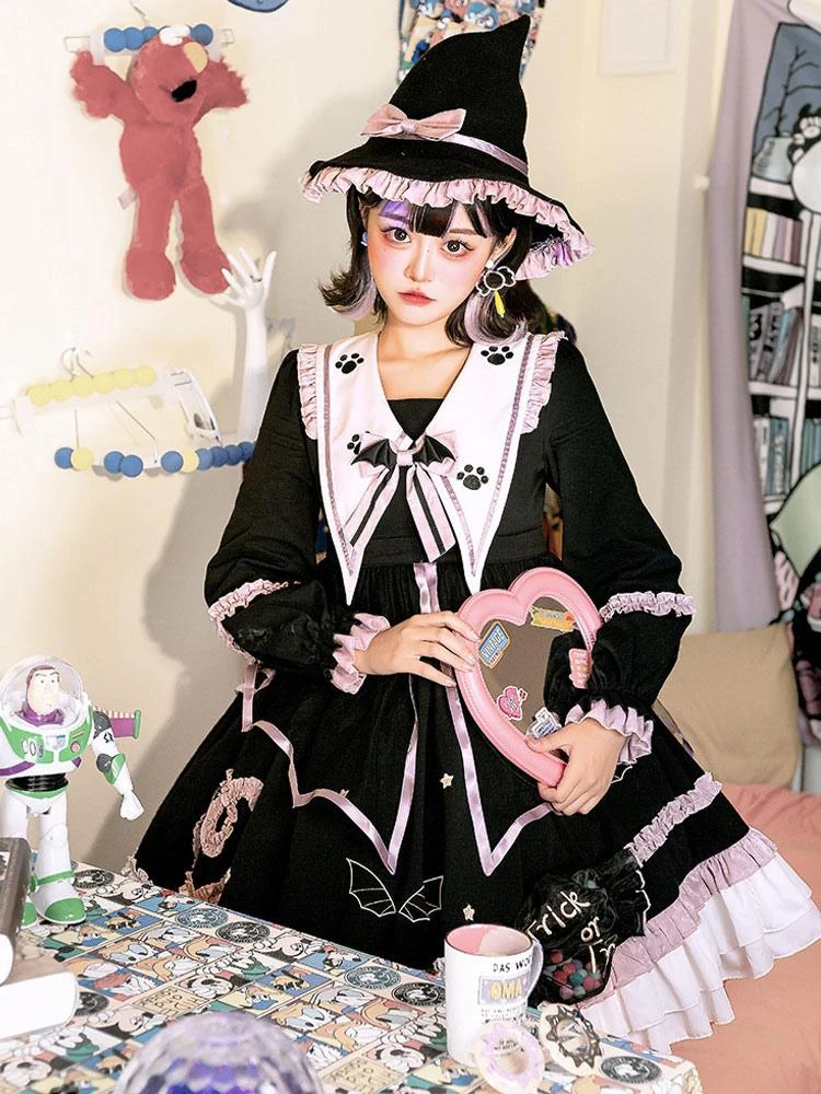 Gothic Lolita OP Dress Color Block Long Sleeves Ruffles Pleated Lace Up Black Lolita One Piece Dress - Image 6