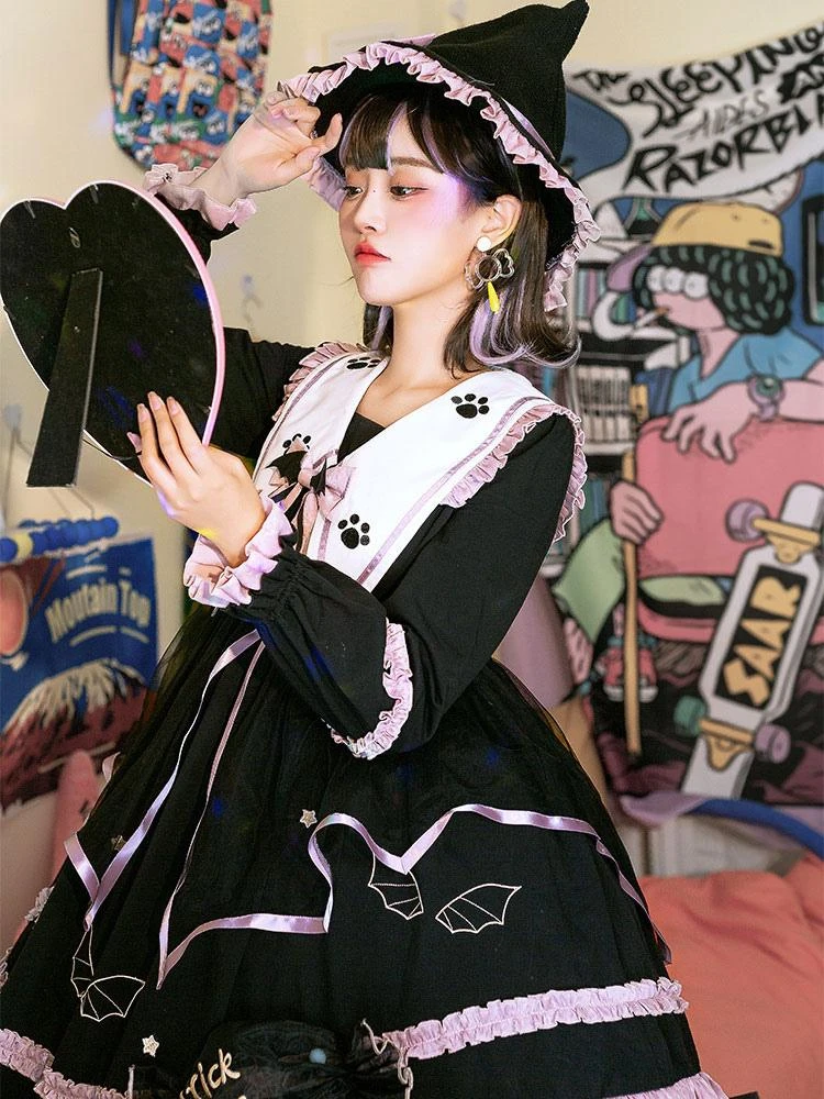 Gothic Lolita OP Dress Color Block Long Sleeves Ruffles Pleated Lace Up Black Lolita One Piece Dress - Image 8