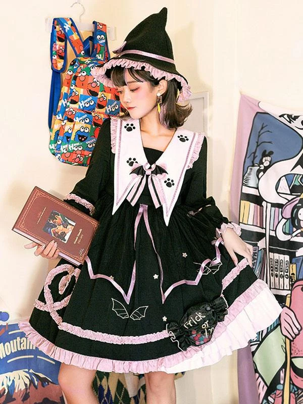 Gothic Lolita OP Dress Color Block Long Sleeves Ruffles Pleated Lace Up Black Lolita One Piece Dress - Image 5